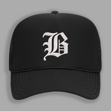 Load image into Gallery viewer, Black Old English Beta Trucker Hat