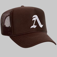Load image into Gallery viewer, Brown Old English Lambda Trucker Hat
