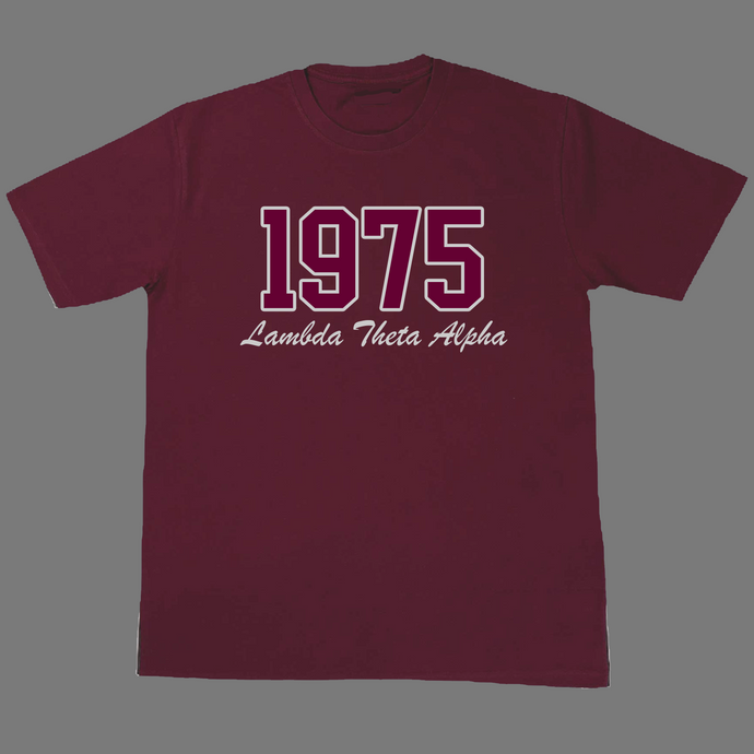 1975 Burgundy on Gray College Block T-Shirt