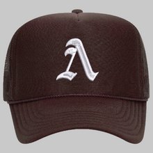 Load image into Gallery viewer, Brown Old English Lambda Trucker Hat
