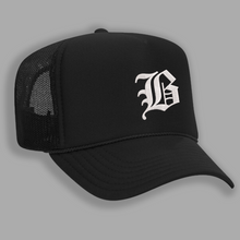 Load image into Gallery viewer, Black Old English Beta Trucker Hat
