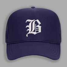 Load image into Gallery viewer, Purple Old English Beta Trucker Hat
