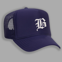 Load image into Gallery viewer, Purple Old English Beta Trucker Hat
